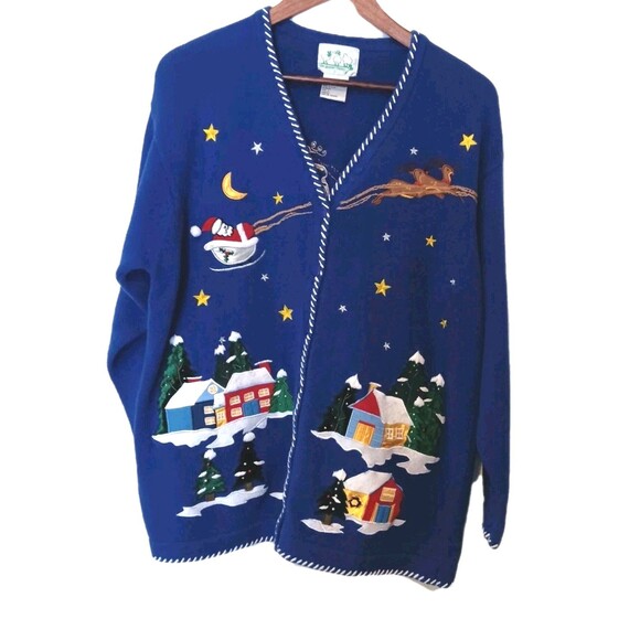 Vintage 90s Quacker Factory Christmas Village Cardigan Sweater Blue Size L - Picture 2 of 13